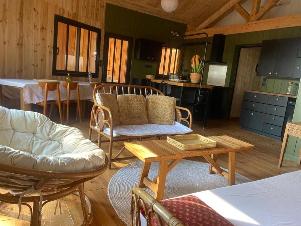un salon avec un canapé et une table dans l'établissement New wooden house 300 m from beach, forest, 1 to 11 people, à Mimizan-Plage