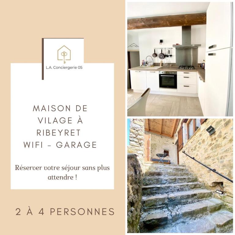 un collage de deux photos d'une cuisine et d'un escalier dans l'établissement Maison de village à Ribeyret 2 à 4 pers à la Montagne WIFI, à Ribeyret