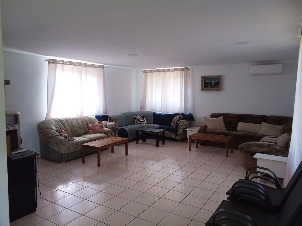 una sala de estar con sofás y mesas. en Lake Surduc house for rent, en Fîrdea