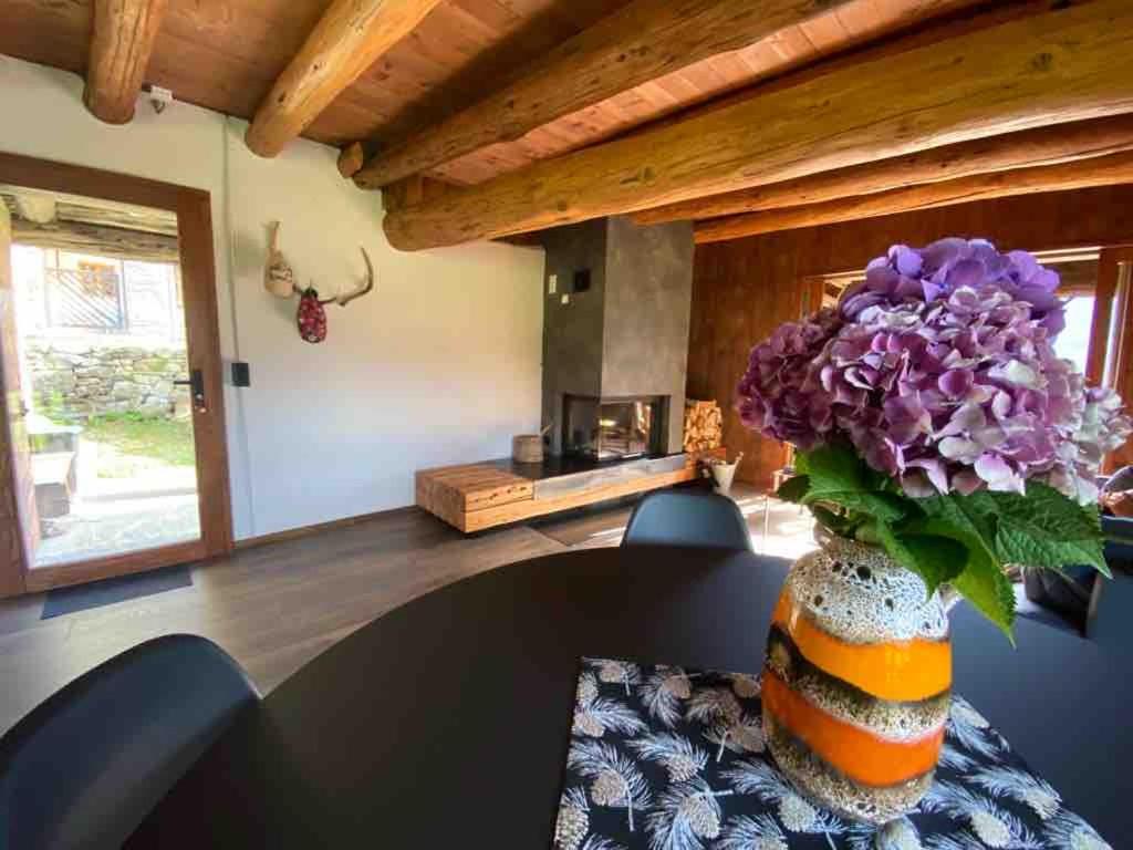 a vase of purple flowers sitting on a table at Rustico AdeL in Sornico