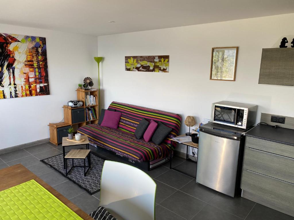 a living room with a couch and a microwave at Charmant appartement 3 étoiles entièrement rénové "U Nidu" vue sur le Golfe de Valinco à Viggianello in Viggianello