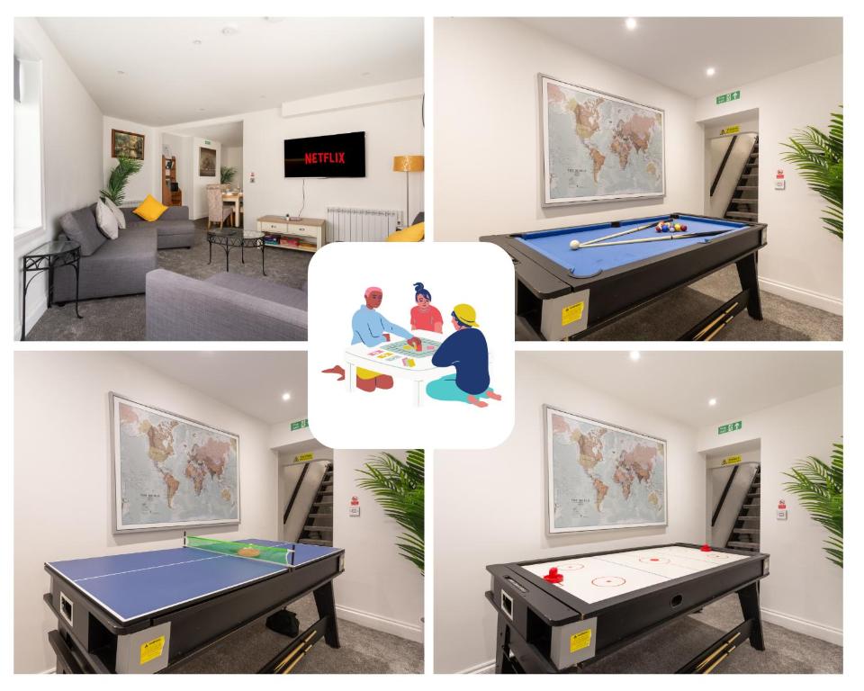 a collage of four pictures of a living room with a pool table at Bright and Spacious 2BR Maisonette Sleeps 8, Game Room, 5 mins to Brighton Beach and City Centre in Brighton & Hove