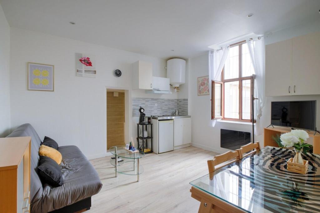 un salon avec un canapé et une table en verre dans l'établissement Studio 5, à Villeurbanne