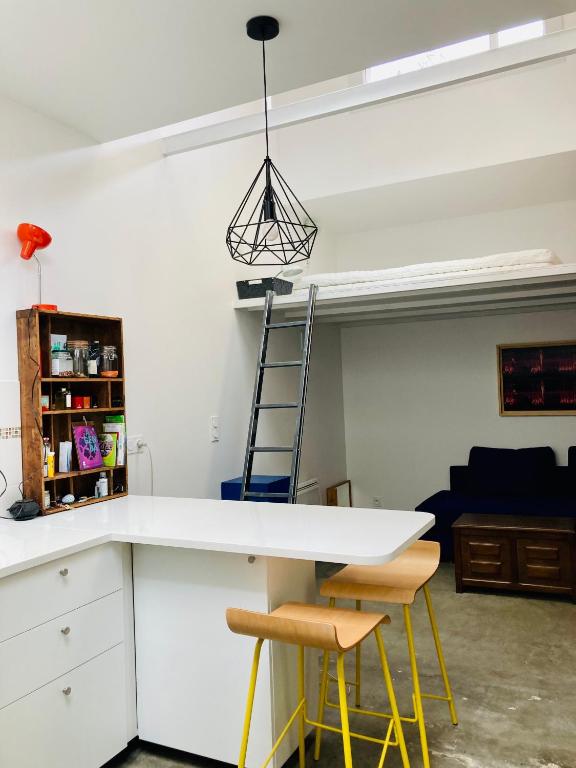 une chambre avec un comptoir blanc, des chaises et une échelle dans l'établissement Atelier des lilas, aux Lilas