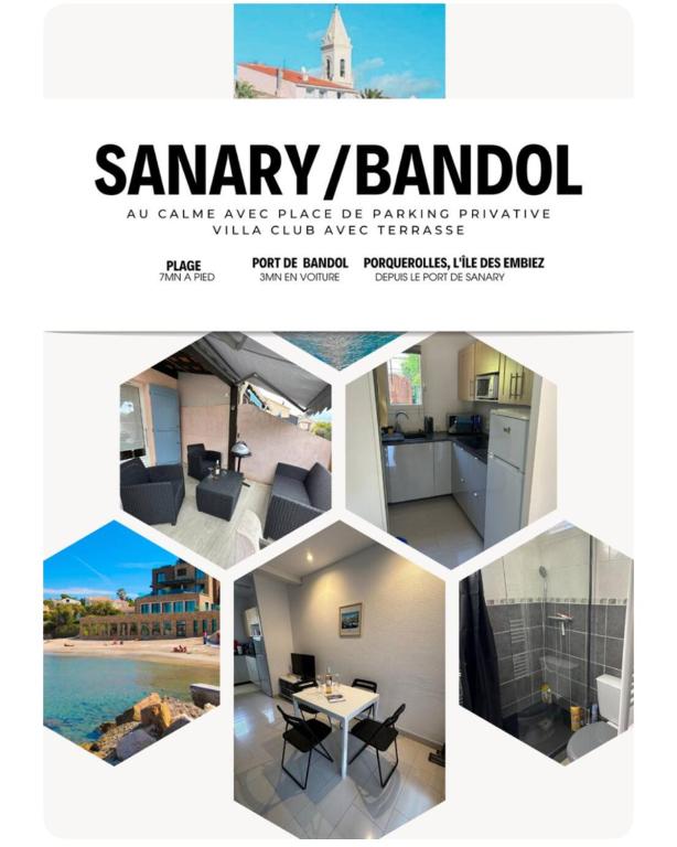 un collage d'images d'un prospectus pour une maison de location dans l'établissement Sanary Villa club avec terrasse, à Sanary-sur-Mer