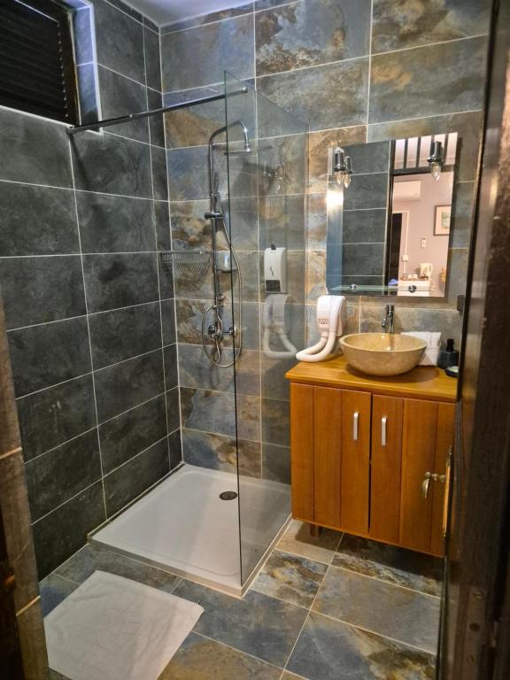 a bathroom with a shower and a sink at Hotel L'ebene Verte in Matoury