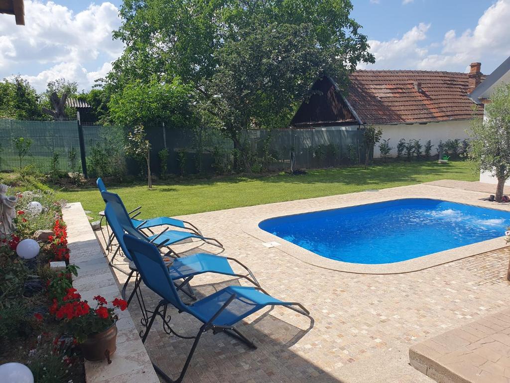 a group of chairs sitting next to a swimming pool at Transylvania Village House in Tăutelec