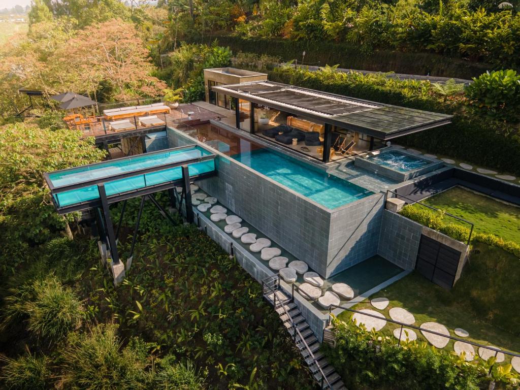 an overhead view of a house with a swimming pool at Bio Habitat Hotel in Armenia