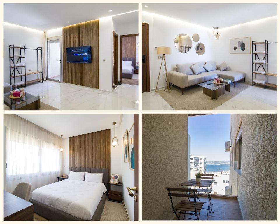 two pictures of a bedroom and a living room at Luxury Marina Retreat, Walk to the Beach in Tangier