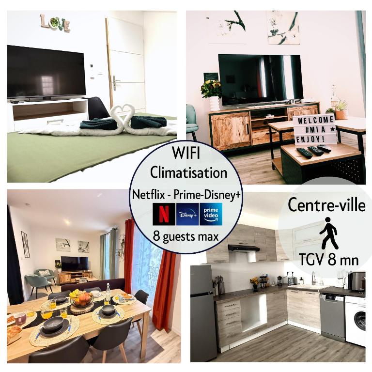 un collage de trois photos d'un salon dans l'établissement Duplex Citadin 6-8 pers - Coeur de Ville - Parking, à Béziers