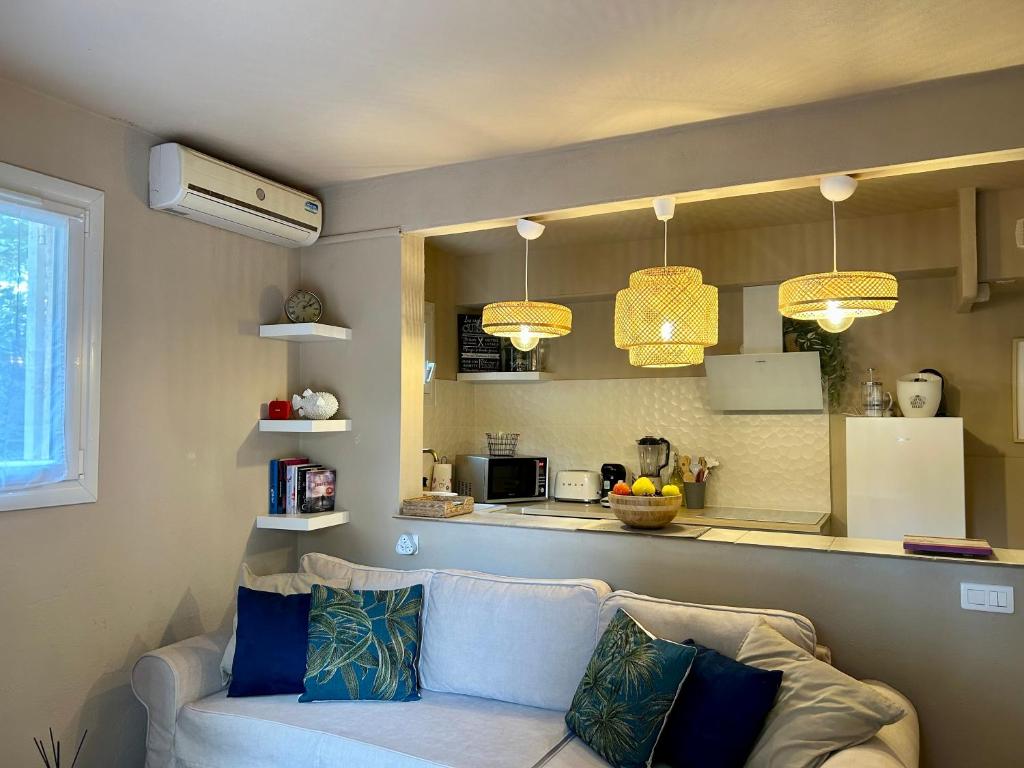 un salon avec un canapé et une cuisine dans l'établissement Charmant et cosy T2 à deux pas du port dans un quartier calme, à Cavalaire-sur-Mer