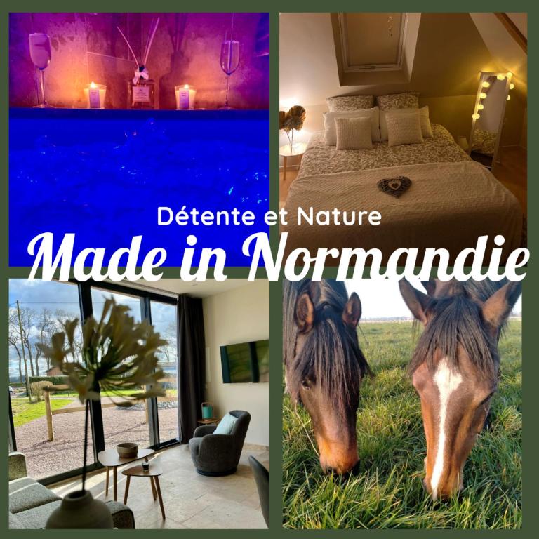 un collage de deux photos d'une chambre avec un cheval dans l'établissement Maison de vacances à la ferme - Déconnexion en Normandie - Balnéo, à Annouville-Vilmesnil