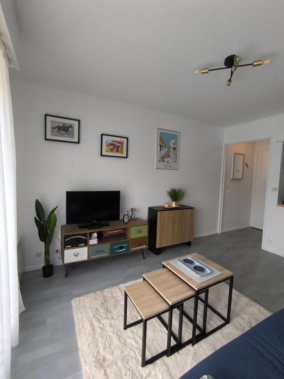 un salon avec une télévision et une table basse dans l'établissement La Lanterne, à Villers-sur-Mer