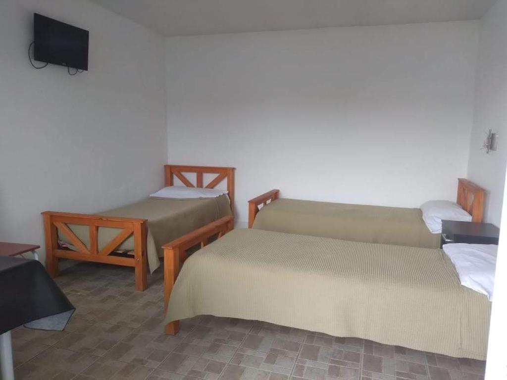 a small room with two beds and a television at El Mastil Departamentos Dormis Habitaciones in Comandante Luis Piedra Buena