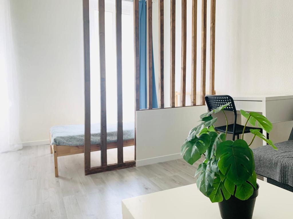 un salon avec une chaise et une plante dans l'établissement Studio accès direct à la gare, à Marseille