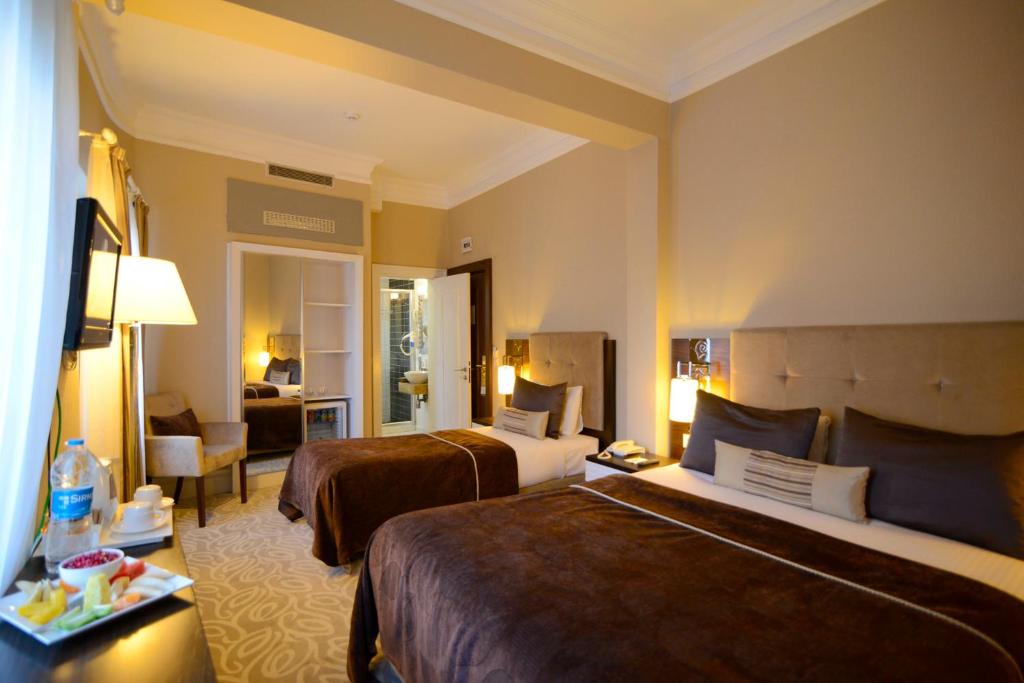 伊斯坦布尔City Center Hotel Taksim İstanbul的一间有两张床和一间客厅的酒店房间