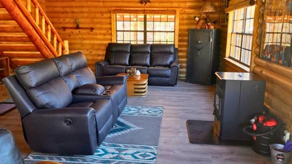 a living room with a leather couch and a tv at Breathe Inn Off Grid Cabin on 40 Acres in Bisbee