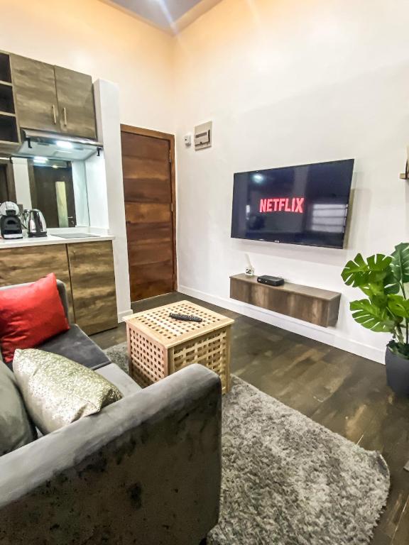 a living room with a couch and a tv at Petite Stylish 1Bed Apt Courtyard Lekki1 in Lekki Phase 1