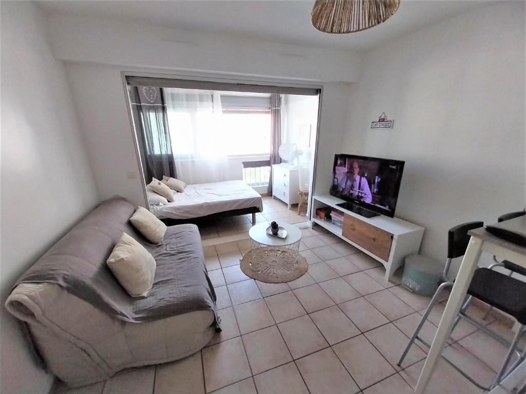 un salon avec un canapé et une télévision dans l'établissement Studio les pieds dans l'eau au Cap d'Agde, au Cap d'Agde