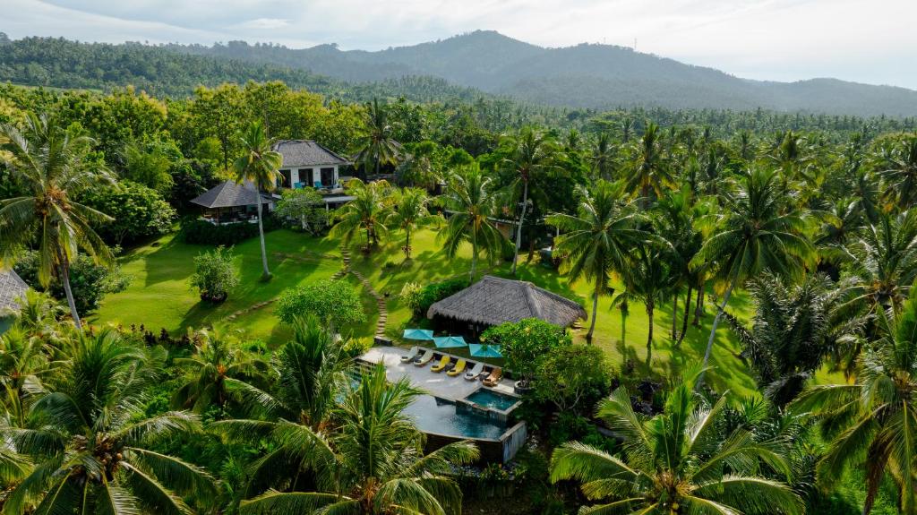 an aerial view of a resort with palm trees at Villa Palem in Tabanan