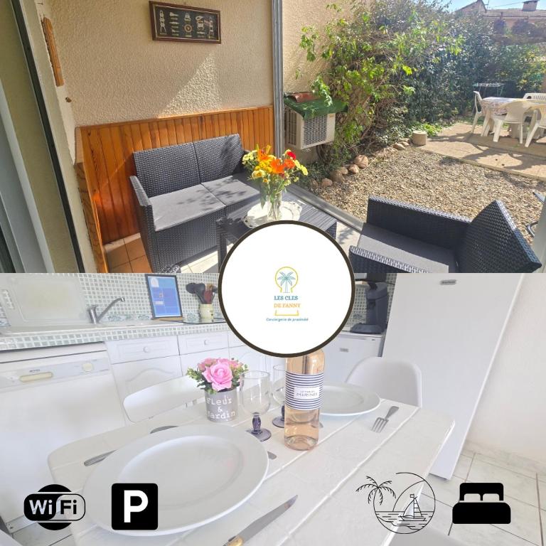 un miroir assis au-dessus d'une table dans l'établissement Appartement 2 chambres, jardin & parking à Valras, à Valras-Plage