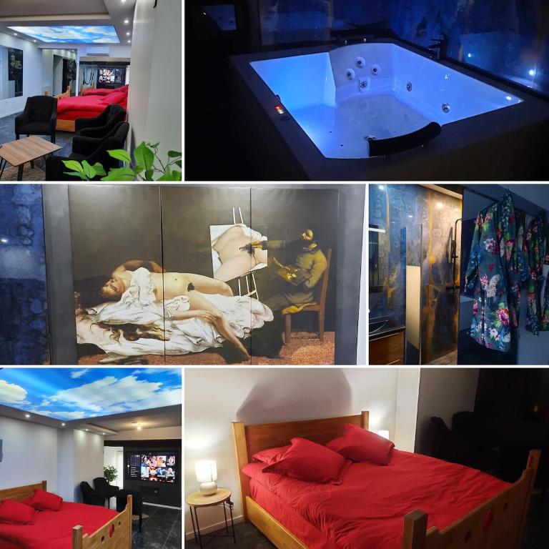 un collage de photos d'une chambre et d'une piscine dans l'établissement Nuit Express à Love Suite L'Origin'El d'Ornans, à Ornans
