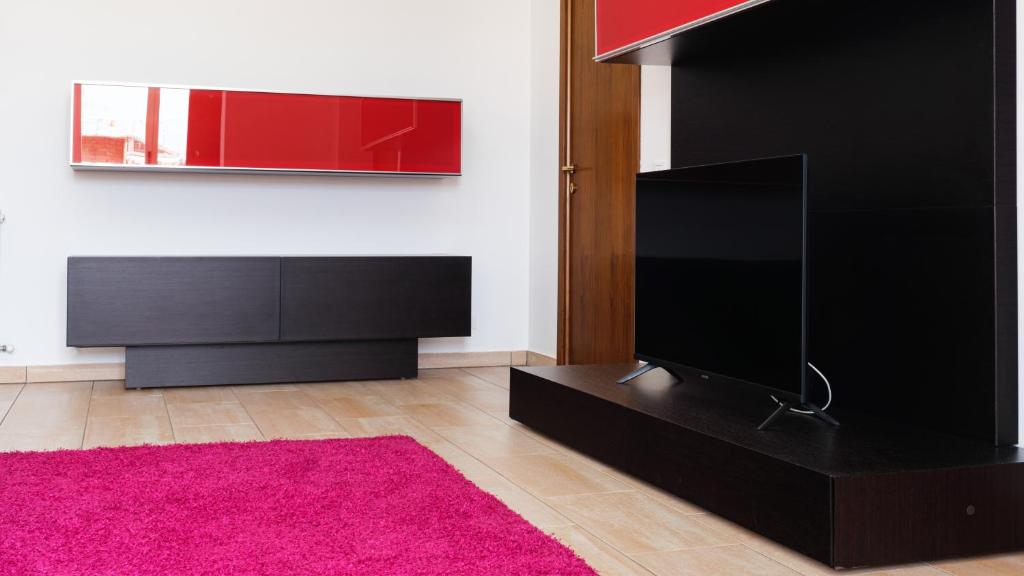a living room with a tv and a pink rug at Smart and Sea in Tortoreto Lido