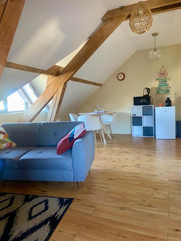 un salon avec un canapé bleu et une cuisine dans l'établissement APPARTEMENT COSY 40 m2, climatisé, parking gratuit, à Annecy