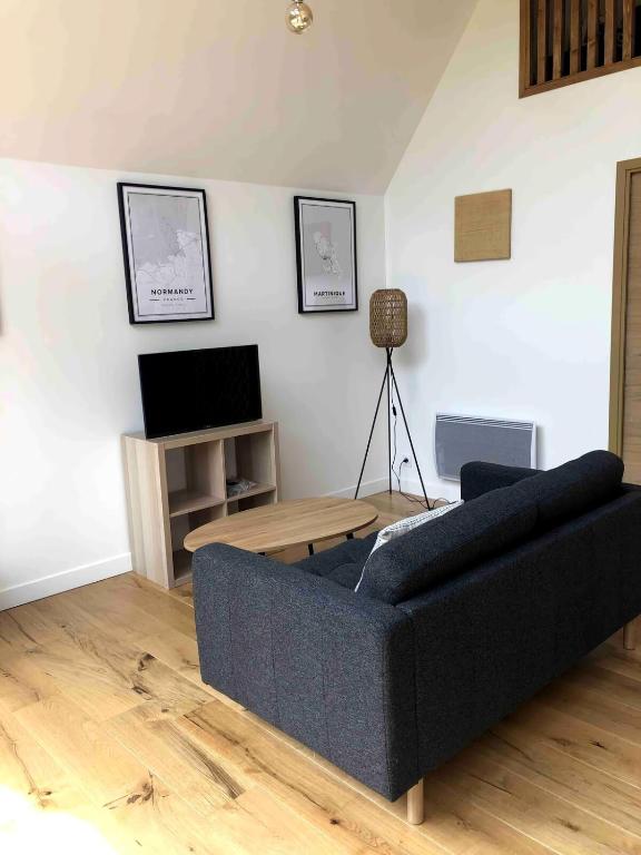 a living room with a blue couch and a tv at chalet atypique proche Portbail Denneville in Saint-Lo-dʼOurville