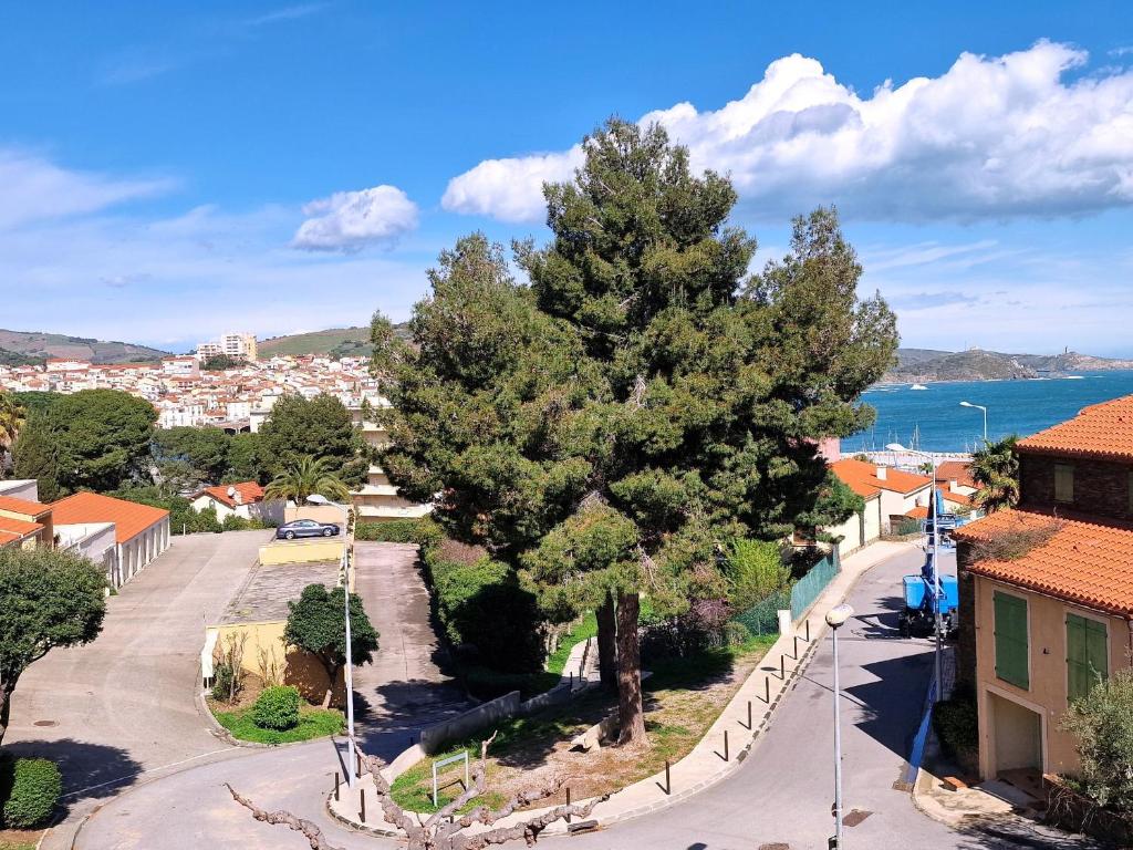 - une vue sur la ville avec un arbre et l'océan dans l'établissement Villa T3 Banyuls-sur-Mer, terrasses, garage - FR-1-309-498, à Banyuls-sur-Mer