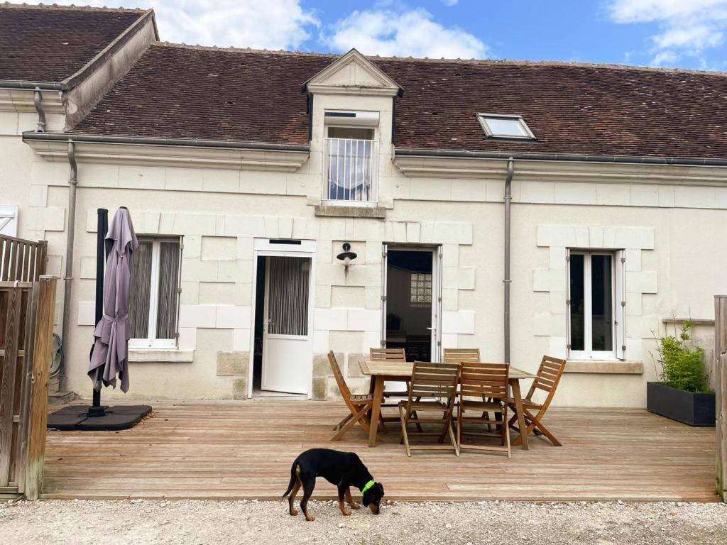a dog standing on a wooden deck in front of a house at Gîte familial avec terrasse privative près de Beauval - FR-1-491-461 in Meusnes