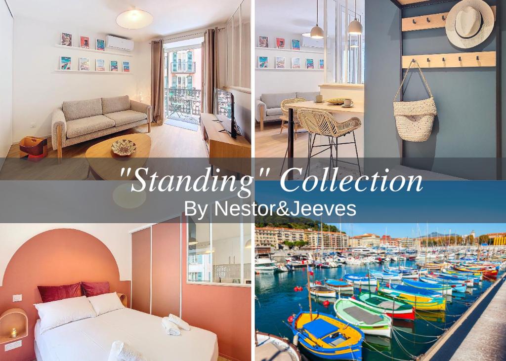 un collage de photos d'une chambre d'hôtel avec des bateaux dans l'établissement Nestor&Jeeves - PLACE DU PIN - Near Port - Old town, à Nice