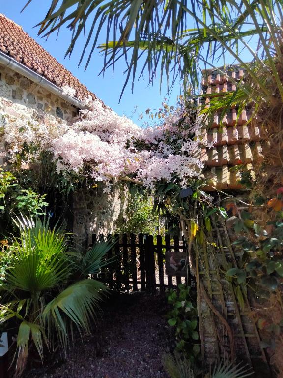un jardin avec des fleurs roses dans un bâtiment dans l'établissement Les deux moulins, à Saint-Alban