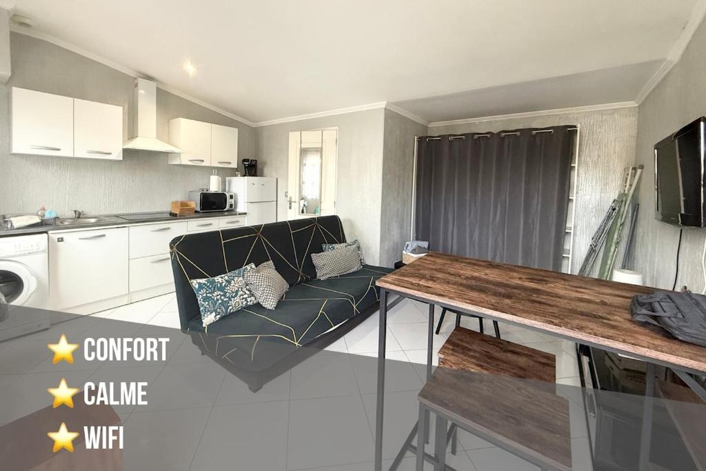 une cuisine et un salon avec un canapé et une table dans l'établissement Fully equipped studio with garden, à Pessac