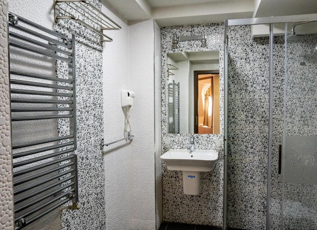 Bathroom with heated towel rail, wall-mounted hairdryer, sink, glass shower with frosted partition and large mirror at City Palace Hotel in Ohrid