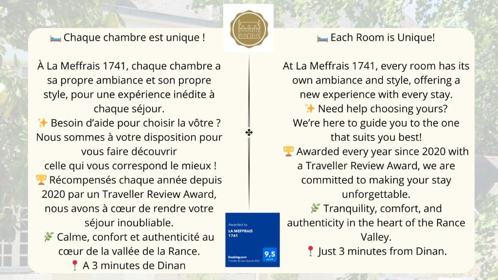 a set of four papers with text on them at LA MEFFRAIS 1741 - Manoir d'hôtes avec Parking Privé - 3 minutes de Dinan in Dinan