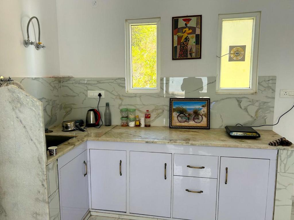 a kitchen with white cabinets and a sink and two windows at Nature Homes 2 bhk independent Flat in Dehradun