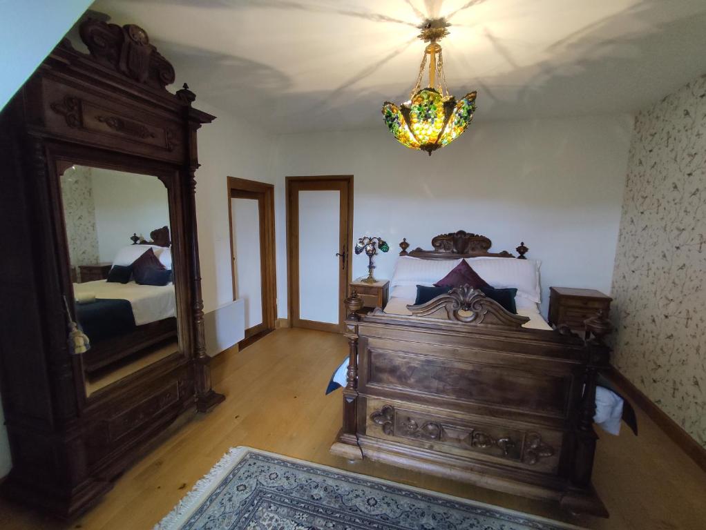 a bedroom with a bed and a mirror and a chandelier at Château de Chauvac - Chambres et table d'hôtes avec vue sur la rivière in Bassignac-le-Bas