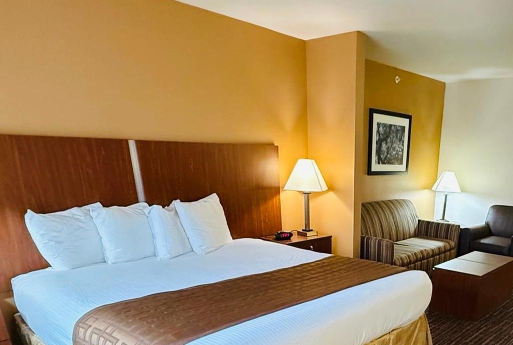 a hotel room with a large bed and a chair at Richland Inn and Suites in Sidney