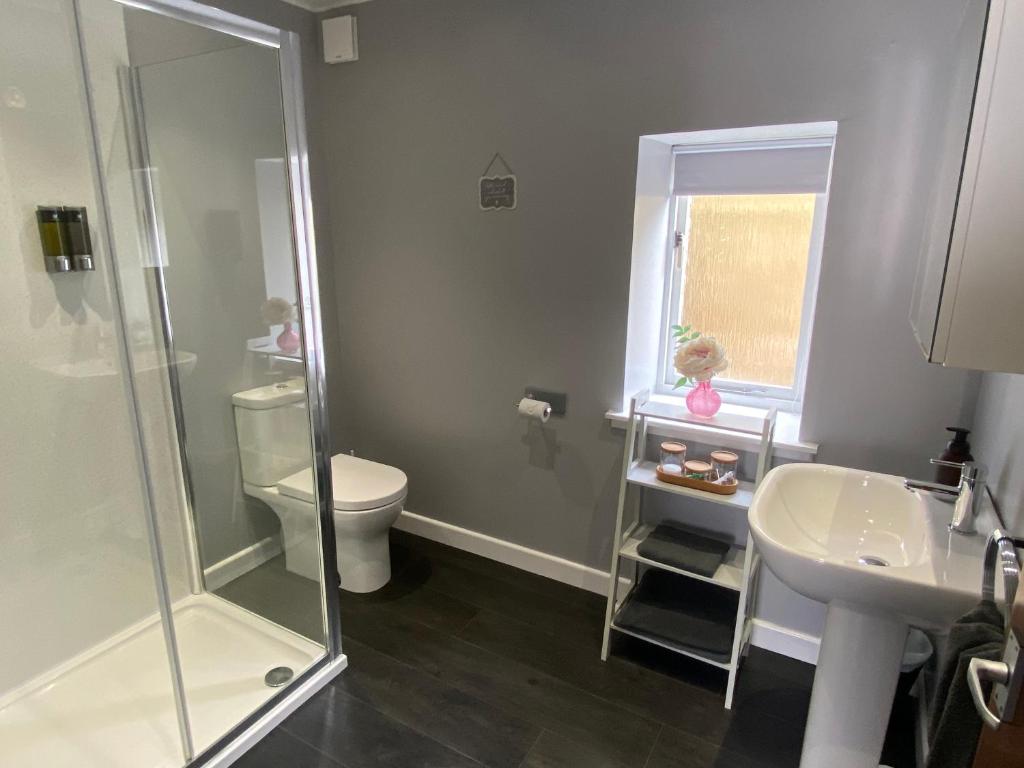 a bathroom with a shower and a toilet and a sink at Edgemont Annexe Oban in Oban