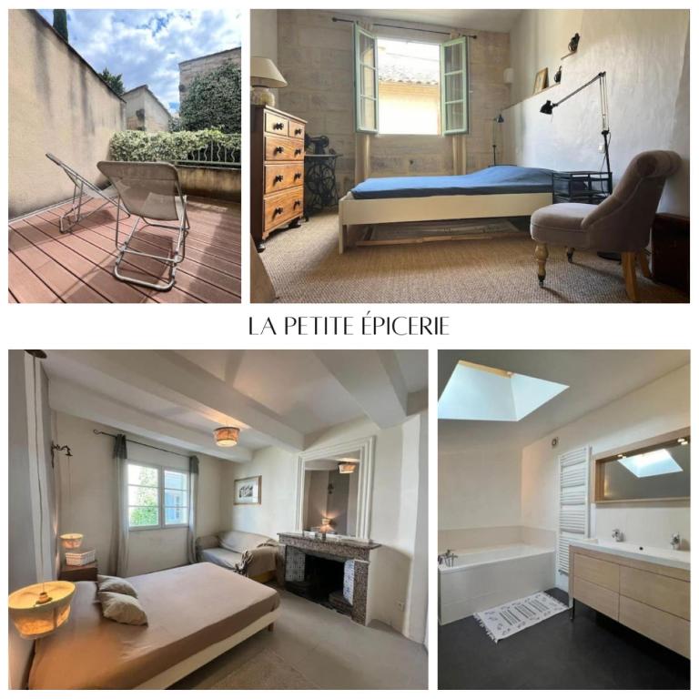 un collage de trois photos d'une chambre et d'un salon dans l'établissement La Petite Épicerie, à Uzès