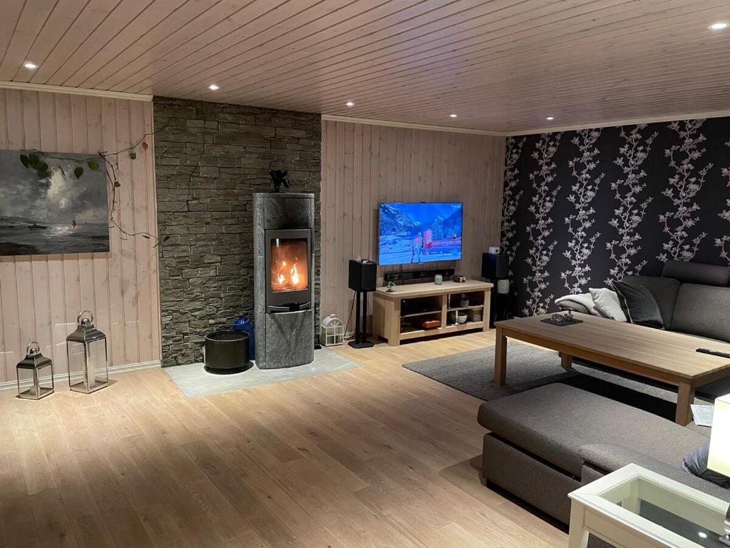 a living room with a couch and a television at Lars sitt hus in Lillehammer