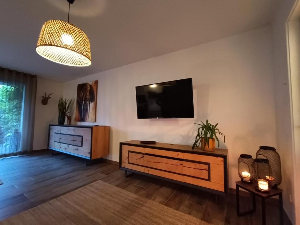 un salon avec une télévision à écran plat sur un mur dans l'établissement Urban Retreat, classé 3 étoiles, à Ebersheim