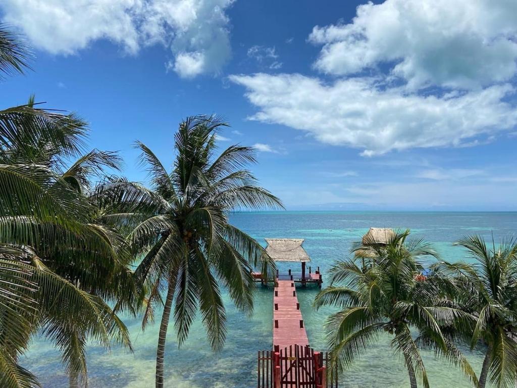 a dock in the ocean with palm trees and the water at Oceanfront Private Pier Pool Garden Terrace 3BR house in Cancún