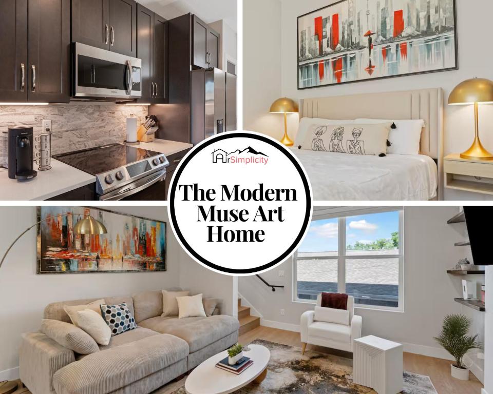a collage of photos of a modern music apartment at The Modern Muse Art Home in Wheat Ridge