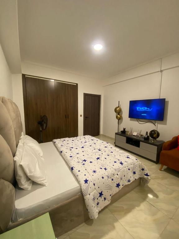 a bedroom with a bed and a flat screen tv at AJ's Exclusive Apartment in Abuja