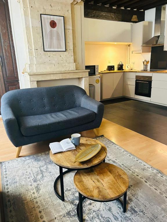 un salon avec un canapé bleu et une table dans l'établissement Appartement spacieux de charme en hyper-centre, à Caen