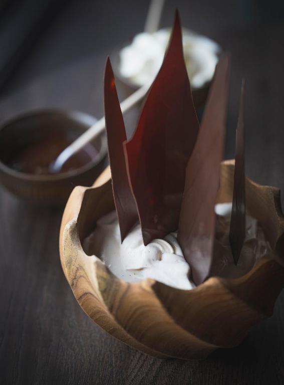 a bowl of ice cream with red and white sauce at Anatura Luxembourg in Weiswampach