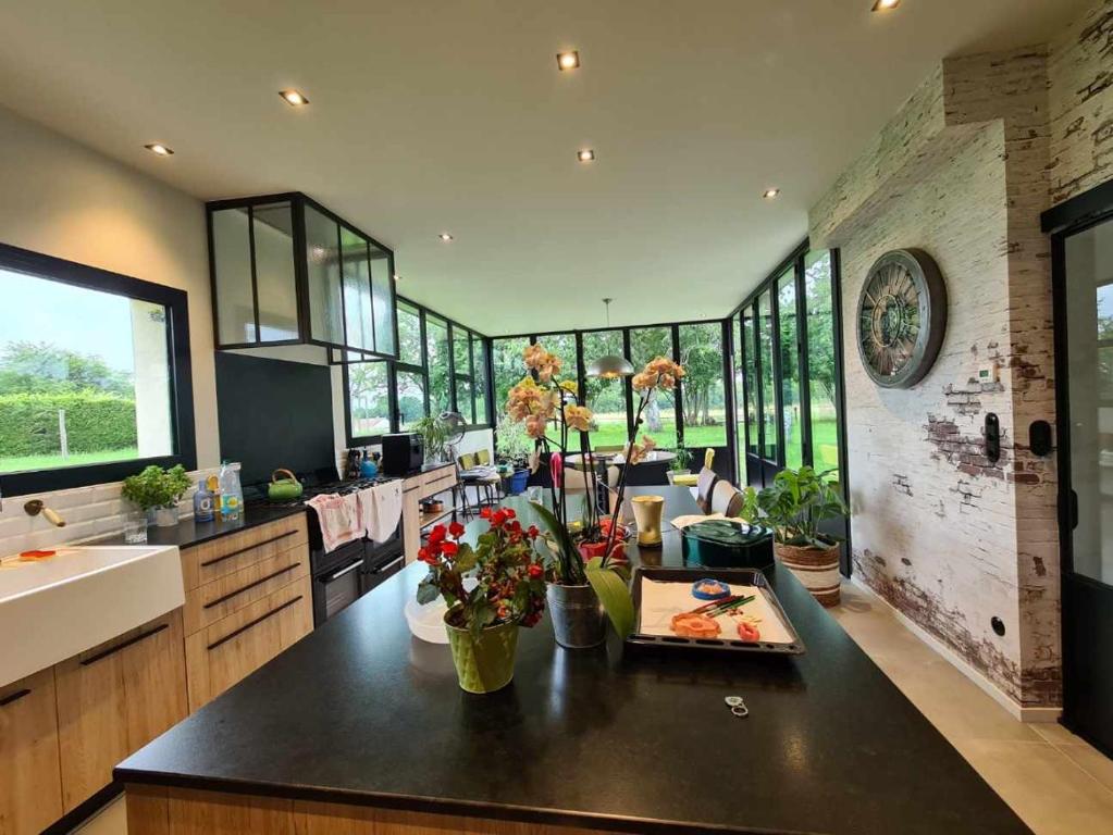 une grande cuisine avec évier et comptoir dans l'établissement Chez Charly, à Pruillé-le-Chétif