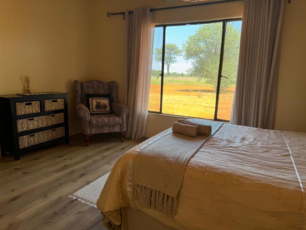 オウチョにあるBig Cats Namibia Farmstay & Toursのベッドルーム1室(ベッド1台、窓、椅子付)